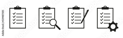 Clipboard vector icons.  Checklist with gear, checkmarks, magnifier and pencil.  Quality check line sign.  Isolated Vector Illustration eps10