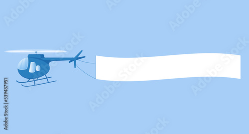 Blue helicopter in cartoon style on blue sky with banner