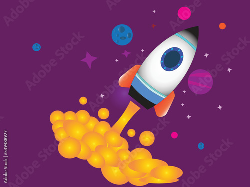 Space rocket flying in space with planets and stars in the background. Vector illustration