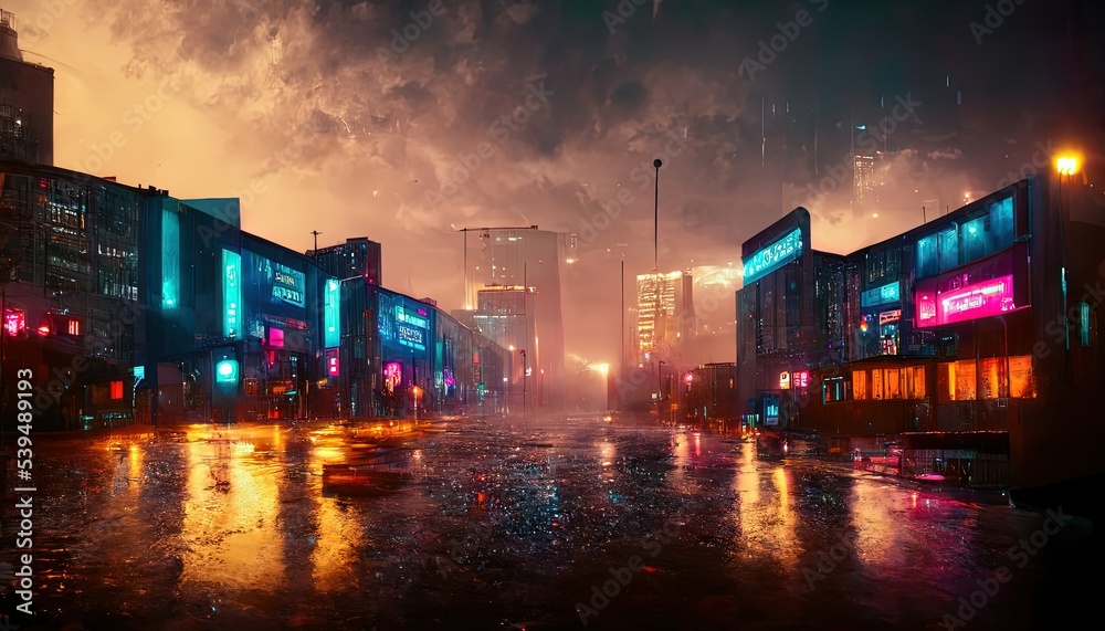 Obraz premium The streets in a fantasy city, with blue and orange light tint, neon lights, cinematic atmosphere.