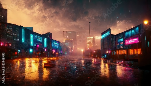 The streets in a fantasy city, with blue and orange light tint,  neon lights, cinematic atmosphere. photo