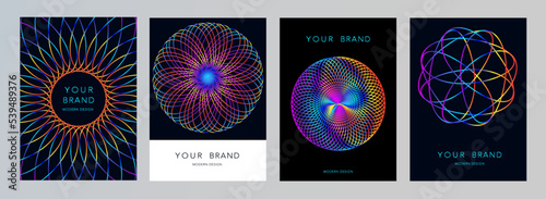 Creative layout  modern design set. Abstract wavy rings line, round shape in colorful vibrant light isolated on black background. Creative design template social media poster, music or science catalog