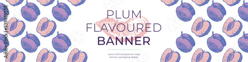 Vector plum flavored banner for vegan banner, label backdrop. Hand drawn prune background. Plum pattern seamless. Template baby food packaging, juice label design. Organic jam, confectionery banner.