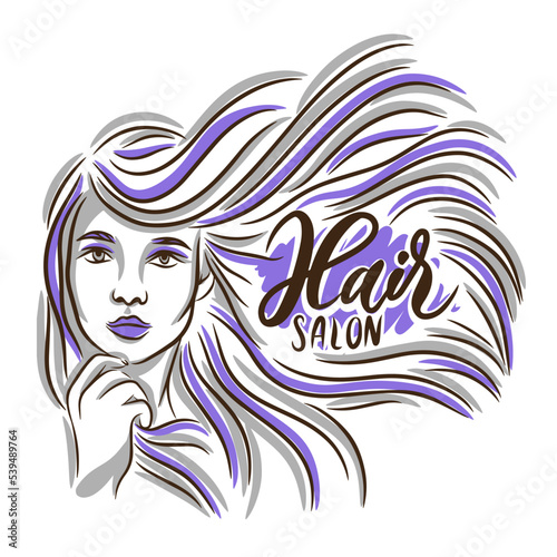 Portrait  girl with long hair  hair salon  handwritten inscription for beauty salon