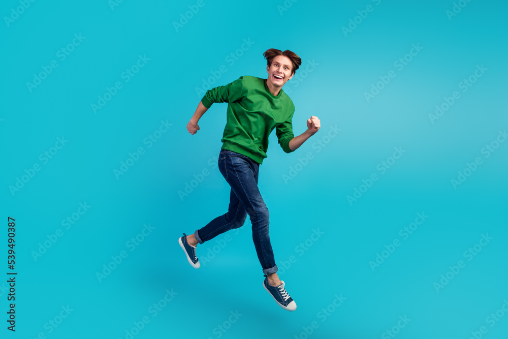 Full length photo of running jumping crazy man run in shoes for sales isolated vivid color background