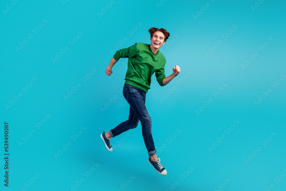 Full length photo of running jumping crazy man run in shoes for sales isolated vivid color background Full length photo of running jumping crazy man run in shoes for sales isolated vivid color background