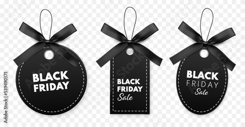 Black Friday sale label with bow and ribbon isolated on white background. Vector illustration