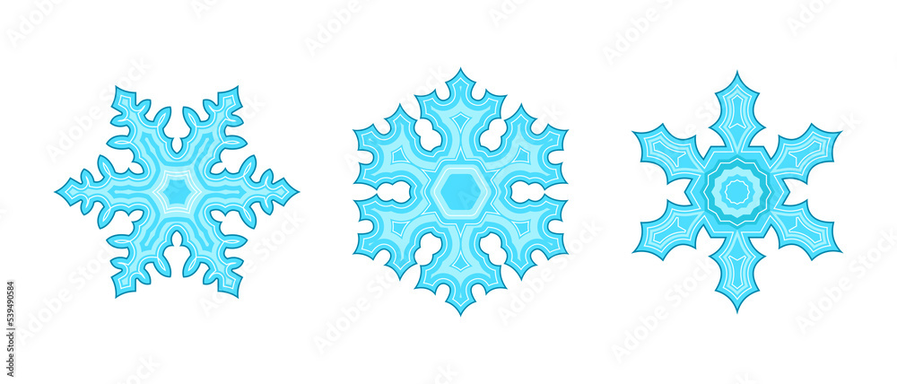 Set of flat snowflakes, crystal, frozen water in blue. Contour Falling snow, snowflake sign and pattern, isolated flakes vector. Snowflake winter decoration for Christmas and new year, symbol Set of flat snowflakes, crystal, frozen water in blue. Contour Falling snow, snowflake sign and pattern, isolated flakes vector. Snowflake winter decoration for Christmas and new year, symbol