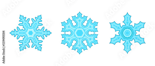 Set of flat snowflakes, crystal, frozen water in blue. Contour Falling snow, snowflake sign and pattern, isolated flakes vector. Snowflake winter decoration for Christmas and new year, symbol