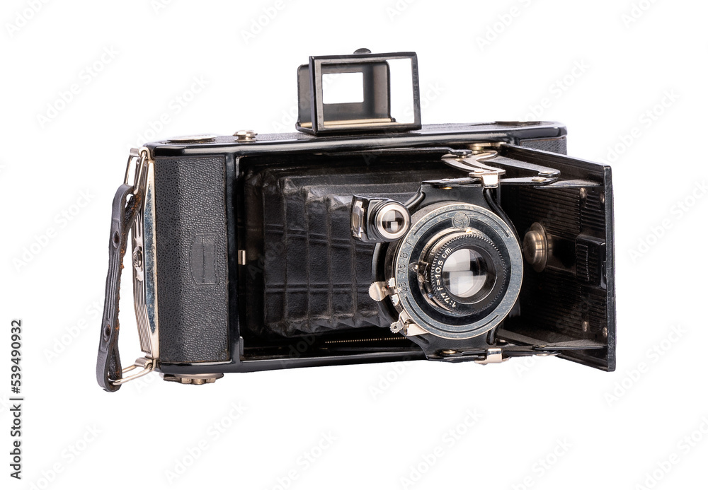 Ancien appareil photo à pellicule et à soufflet portatif Zeiss Ikon sur fond blanc packshot Ancien appareil photo à pellicule et à soufflet portatif Zeiss Ikon sur fond blanc packshot