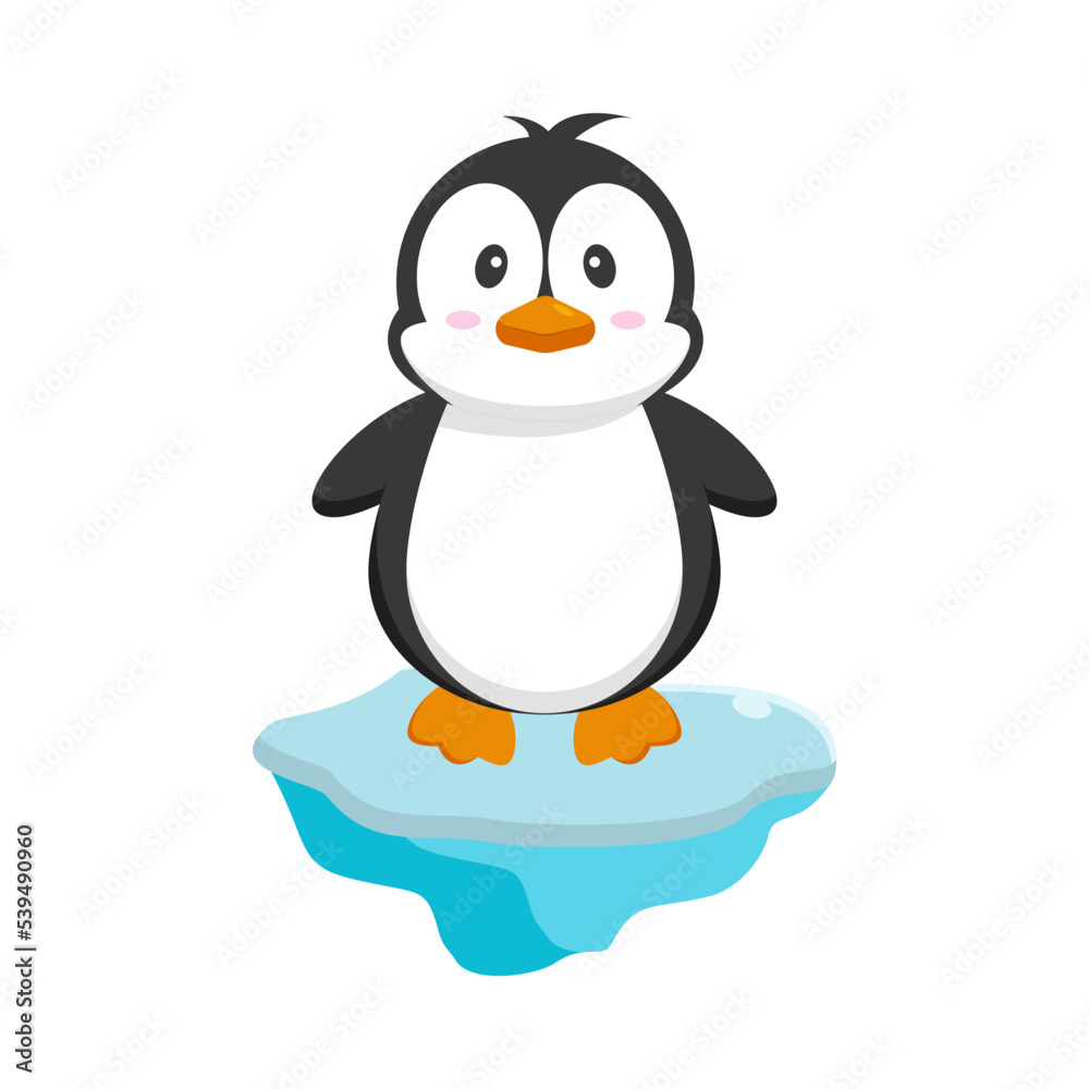Vecteur Stock Cute cartoon penguin on ice cube isolated on white background  | Adobe Stock