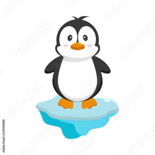 Cute cartoon penguin on ice cube isolated on white background