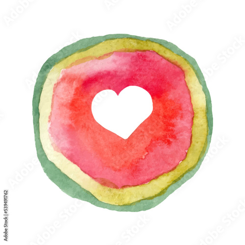 Round cut watermelon with heart in center. Watercolor illustration of red melon for design menu. Decoration for postcard, print, celebration. Ripe fruit for summer festival or autumn harvest holiday