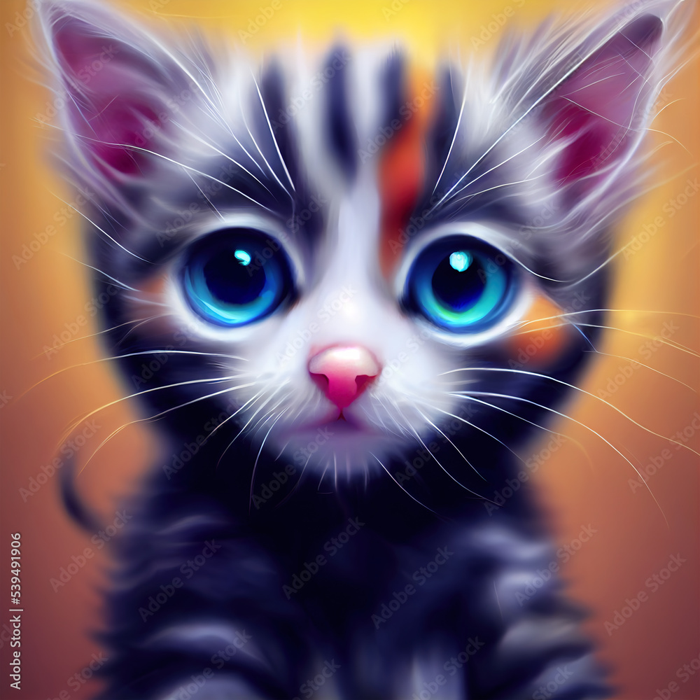 Cute and adorable close up of a gray and white kitten. Soft brush stroke digital artwork. Kawaii fluffy design.