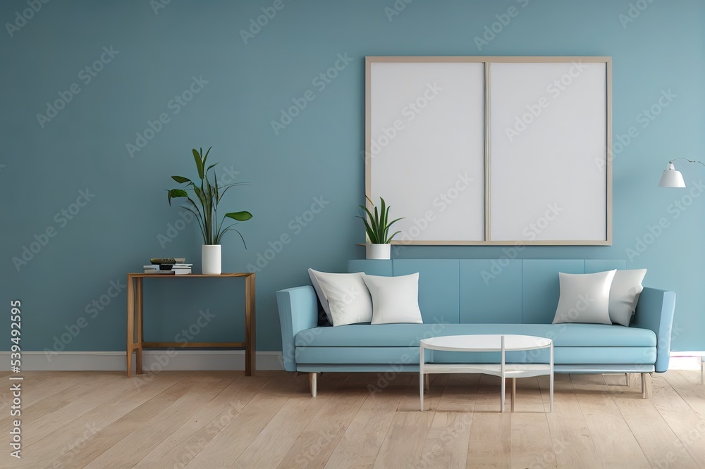 Fototapeta premium Interior of the room in plain monochrome pastel blue color with furnitures and room accessories. Light background with copy space. 3D rendering for web page, presentation or picture frame backgrounds.