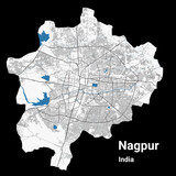 Nagpur map. Detailed map of Nagpur city administrative area. Cityscape panorama illustration. Road map with highways, streets, rivers.