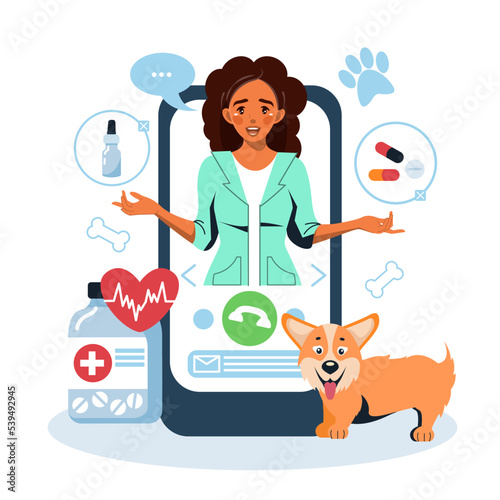 Online consultation of a veterinarian. Modern medical technologies, online call, mobile application. An African-American veterinarian treats a dog. Animal hospital. Vector illustration