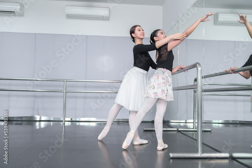 Female ballet dancers rehearse in ballet classes  they practice dancing  they are professional theater actors.