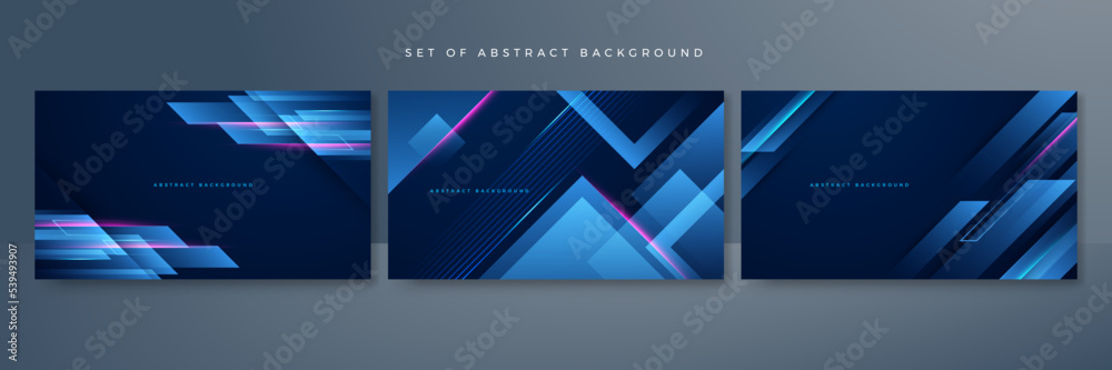 Set of modern digital business technology dark blue abstract design background with lines, waves, speed lights, motion, data concept, science element, cyberspace shapes, and connection lines.
