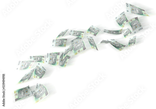 Flying polish 100 zloty banknotes isolated on white background. Banner with money from Poland.