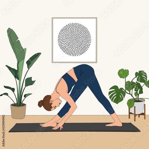 Pyramid Pose / Parsvottanasana 1. Beautiful stretching flexible woman practicing doing yoga asana at home studio. Pop art portrait cartoon painting illustration person figure cozy interior. photo