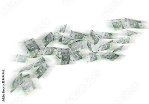 Flying polish 100 zloty banknotes isolated on white background. Banner with money from Poland. photo