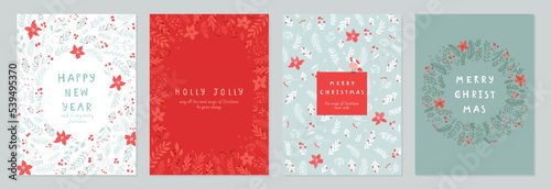 Christmas card set - hand drawn floral flyers. Lettering with christmas decorative elements.