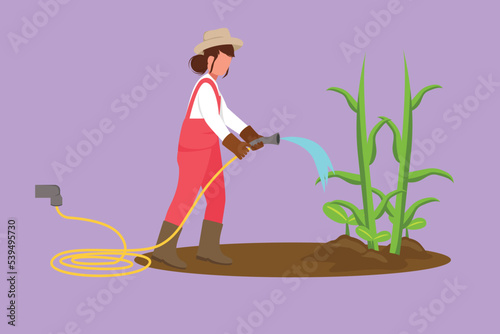 Graphic flat design drawing young woman gardener in overalls and boots water plants using hose. Green stems grow out of the ground. Care for the garden, agriculture. Cartoon style vector illustration