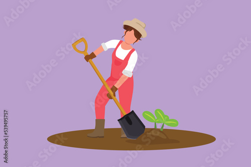 Character flat drawing young female farmer shoveled the soil with the plants using a shovel. Farming challenge at rural or countryside. Planting new plants concept. Cartoon design vector illustration