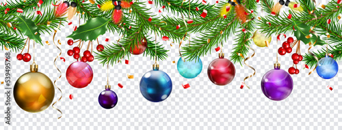 Christmas illustration with New Year pine branches, hanging colored balls, pieces of serpentine, holly leaves and red berries, isolated on transparent background