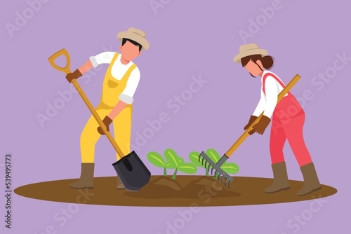 Cartoon flat style drawing young couple farmers shoveled the soil with plants using shovel and rake. Farming challenge at rural or countryside. Planting new plants. Graphic design vector illustration