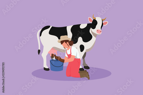 Graphic flat design drawing female farmer milking a cow in the bucket. Breeding cows. Ranch or farm. Livestock or cattle. Production of dairy products at the meadow. Cartoon style vector illustration photo