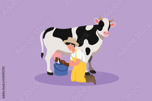 Character flat drawing young male farmer milking a cow in the bucket. Breeding cows. Ranch or farm. Livestock or cattle. Production of dairy products at the meadow. Cartoon design vector illustration