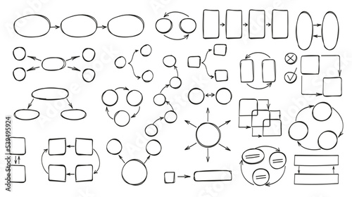 Doodle infographics set vector. Circle, arrow, square blank infographic. Text boxes and arrows to create sequence diagrams