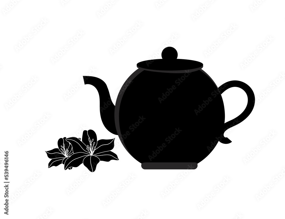 Flat black vector icon - teapot and flowers (jasmine). Flat black vector icon - teapot and flowers (jasmine).