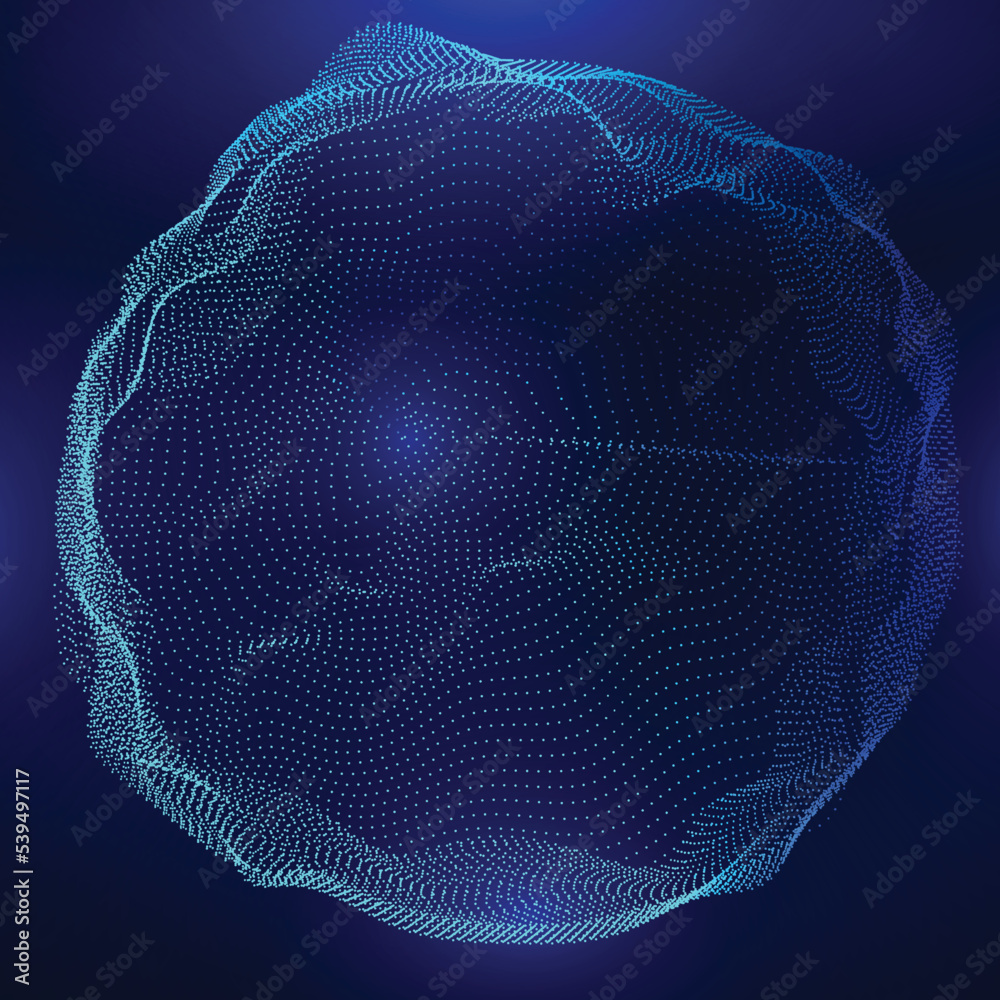 Wave line of flowing particles abstract vector on dark blue background, smooth curvy shape circle dots fluid array. 3d shape dots blended mesh, future technology relaxing wallpaper. - obrazy, fototapety, plakaty 