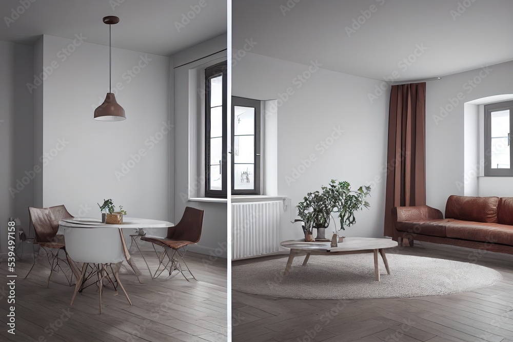 Fototapeta premium Wall mock up in Scandi boho home interior with retro brown leather furniture, 3d render