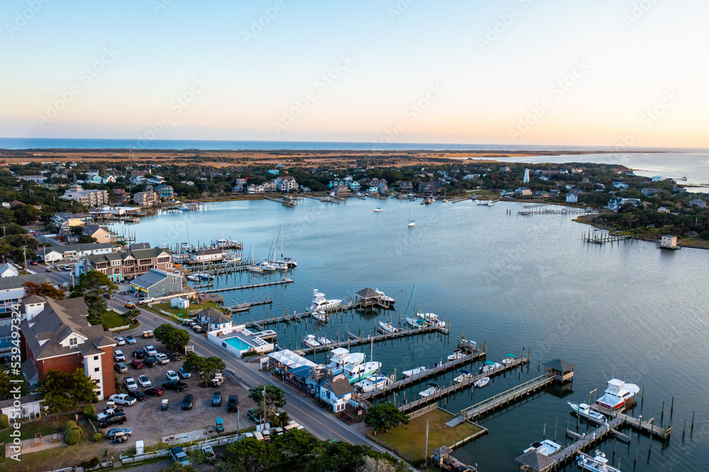 Aerial View of Silver Lake and and the Town of Ocracoke in North Carolina at Sunset