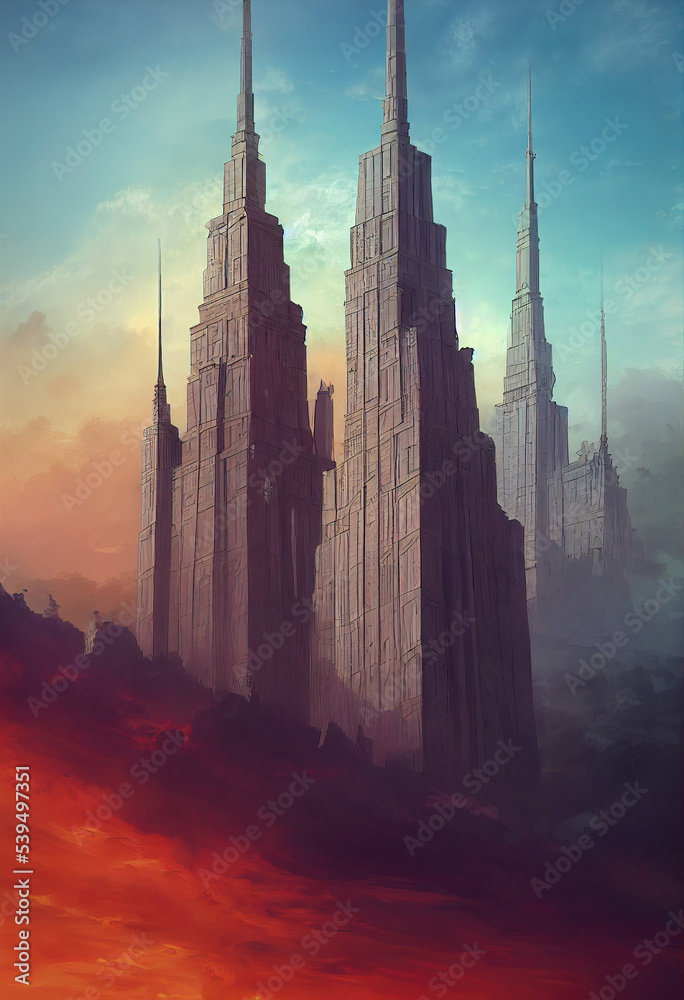 Naklejka premium an anime architecture building illustration of towers in a sci fi world with burnign ground