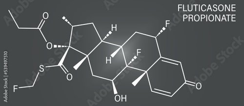 Fluticasone propionate corticosteroid drug molecule. Skeletal formula.