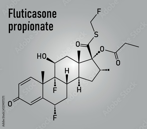 Fluticasone propionate corticosteroid drug molecule. Skeletal formula. photo