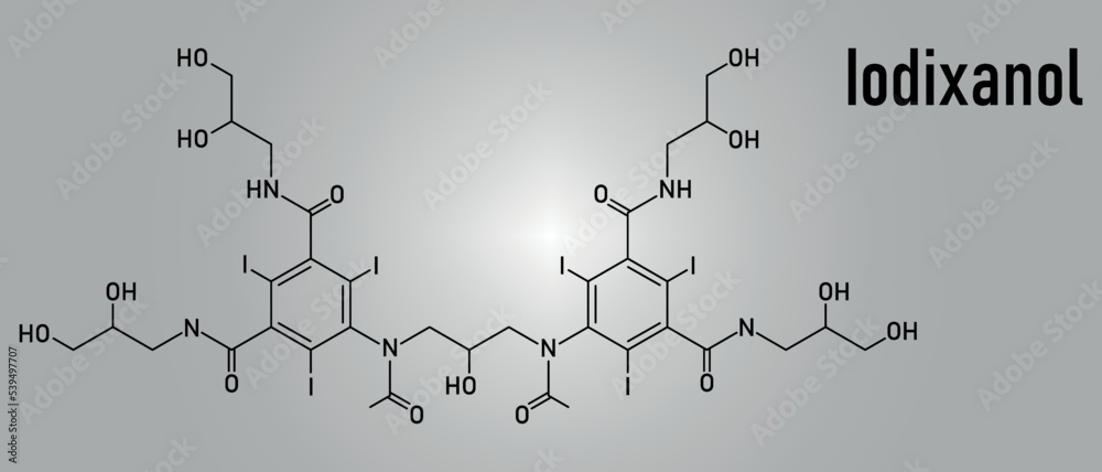 Iodixanol contrast agent molecule. Skeletal formula. Iodixanol contrast agent molecule. Skeletal formula.