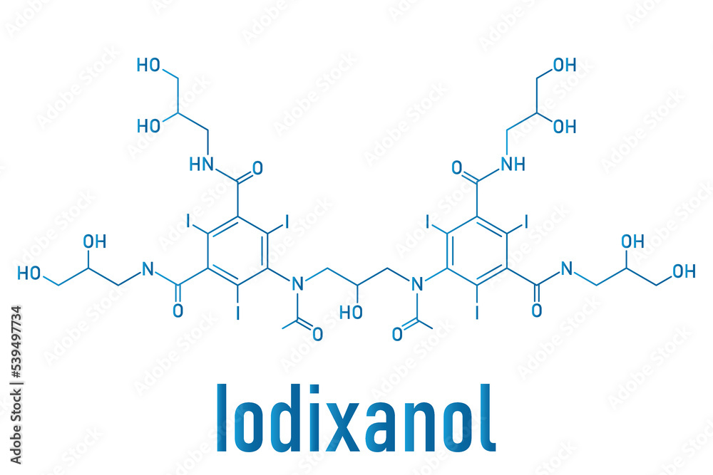 Iodixanol contrast agent molecule. Skeletal formula. Iodixanol contrast agent molecule. Skeletal formula.