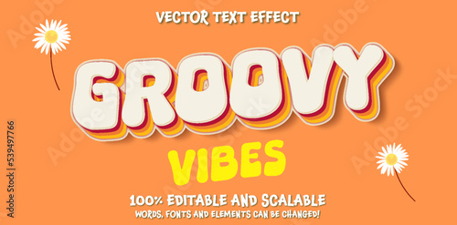Groovy text effect, editable vintage and retro text style. Editable trendy groovy lettering vector design on orange background with vector flowers. Ready to use for graphic tee, logo, poster, banner