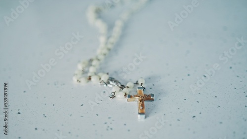 Prayer Holy Rosary With White Pearl Beads and Cross with Jesus Christ Figure