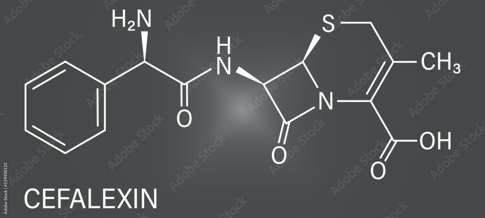 Obraz premium Cefalexin antibiotic drug molecule (cephalosporin, first generation). Skeletal formula.