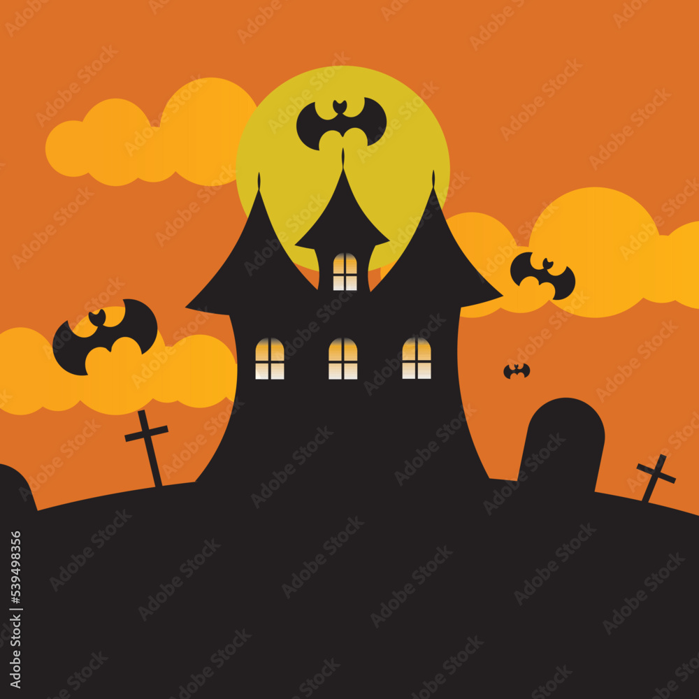 Halloween day orang background with house and bats .