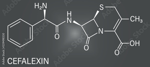 Cefalexin antibiotic drug molecule (cephalosporin, first generation). Skeletal formula.