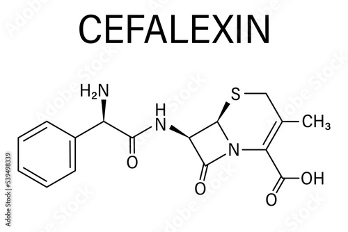 Cefalexin antibiotic drug molecule (cephalosporin, first generation). Skeletal formula.