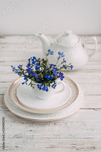 blue lobelia flowers in a white cup on a wooden background